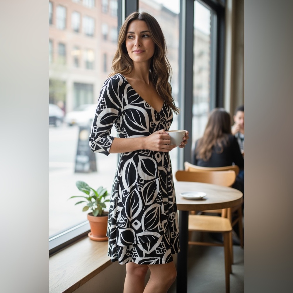 Peck & Peck Collection‎ Black And White Long Sleeve Vee Neck Dress Size Small